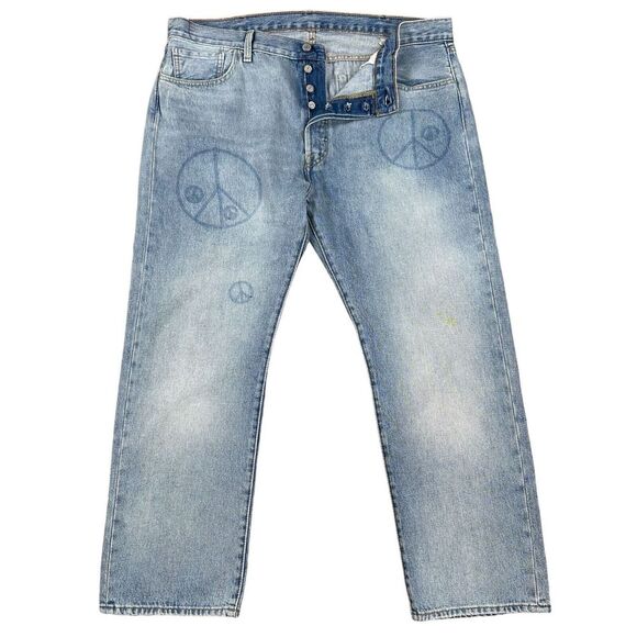 NEW Levis 501 Mens 40x30 Blue Straight Denim Jeans Button‎ Fly Peace Love - Picture 1 of 7